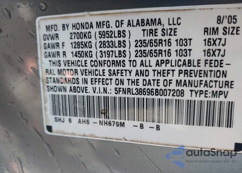 2006 Honda Odyssey Ex-L из США, поврежденный, VIN 5FNRL38696B007208